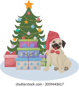 Cute Christmas illustration depicting a Christmas tree with gifts and a cute pug sitting next to boxes with Christmas gifts. Children s New Year s illustration. Holiday card, vector illustration