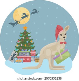 Cute Christmas illustration depicting a Christmas tree with gifts and a cute kangaroo sitting near a Christmas tree with gifts. Santa s reindeer are in the sky. Children s New Year s illustration