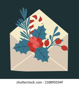 Cute christmas illustration with envelope, mistletoe, branch, berries, candy. Isolated vector clip art in flat style for greeting card, new year’s invitation, winter holiday stickers.