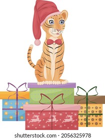 Cute Christmas illustration featuring a cute tiger in a red hat sitting on gift boxes. A symbol of the new year. Children s New Year s illustration. Holiday card, vector illustration