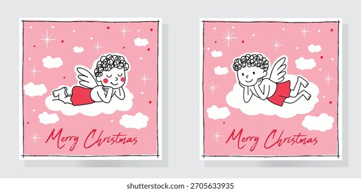 Uma ilustração de Natal bonito com dois anjos bebês descansando felizes em nuvens fofas contra um céu rosa suave cheio de estrelas e neve para cartões de saudação de Natal, cartazes, banners, panfletos