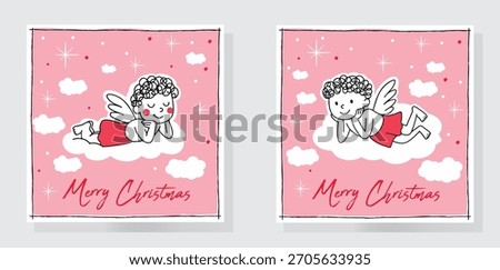 A cute Christmas illustration featuring two baby angels resting happily on fluffy clouds against a soft pink sky filled with stars and snow for Christmas greeting cards, posters, banners, flyers