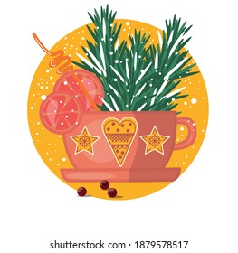 Cute christmas illustration with fir branches, grapefruit and berries
