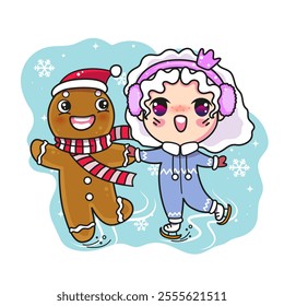 Cute Christmas illustration. Ginger man with elf skating. Kawaii Christmas design