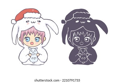 Cute Christmas illustration with a girl and a bunny. Children's print for a Christmas card, a girl in a rabbit costume.