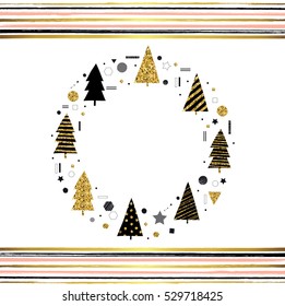 Cute Christmas illustration with golden Christmas trees. Card in scandinavian style.