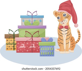 Cute Christmas illustration with the image of a cute tiger in a red hat sitting next to the gifts. A symbol of the new year. Children s New Year s illustration. Holiday card, vector illustration