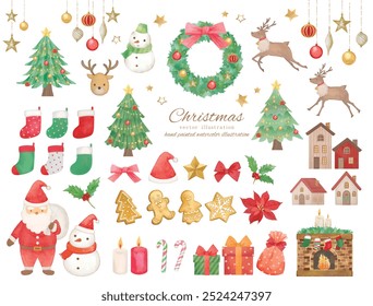 Cute Christmas illustration material set with watercolor touch