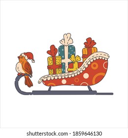 Cute christmas illustration on white background. Sleigh with Christmas gifts and cute bird. Vector  flat illustration for greeting cards, packaging, postcard, banners. Merry christmas 