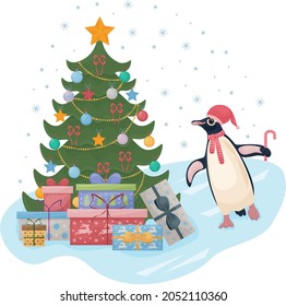 Cute Christmas illustration with a picture of a Christmas tree with gifts, and a cute penguin dancing around the tree. Children s New Year s illustration. Holiday card, vector illustration
