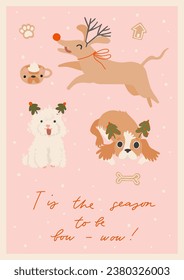 Cute Christmas Illustration mit Poodle, Spaniel in Ferienausstattung und Accessoires. Holiday Graphic mit handgeschriebener Phrase "Dies ist die Saison zu sein Bugwow". Ideal für Grußkartendesign. Vertikal, A4