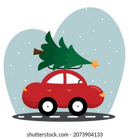 cute Christmas illustration with a red car. for postcards, stickers, logos, posters, labels