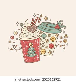 cute Christmas illustration retro style coffee or Christmas hot chocolate