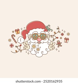 cute Christmas illustration retro style santa claus hippie