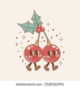 cute Christmas illustration retro style of Christmas character of cherry shaped Christmas balls