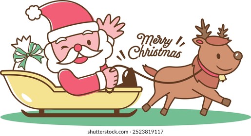 Cute Christmas illustration of Santa Claus and reindeer children riding a sleigh_cute hand-drawn vector material