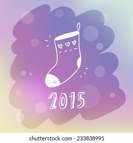 Cute Christmas illustration with sketchy sock on misted window glass with bokeh, 2015