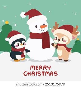 Cute Christmas Illustration with Snowman, Penguin, and Reindeer. Kawaii Christmas Scene with Santa’s Friends. Adorable Holiday Greeting. Snowman, Penguin, and Reindeer.