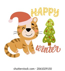 Cute christmas illustration with tiger cub, lettering - Happy winter, and christmas tree . For decoration of posters, postcards, prints for t-shirts, mugs, pillows, for designs of childrens parties.