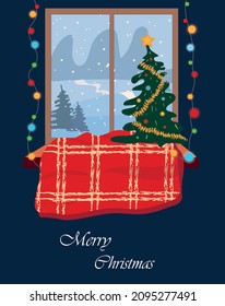A cute Christmas illustration of a Christmas tree is standing on the windowsill with a cute cozy blanket. Outside the window is a winter landscape. Holiday atmosphere, Christmas garland