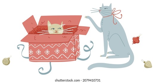 Cute christmas illustration of two cats playng with box and tree toys