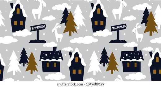 
Cute Christmas illustrations, bright colorful holiday design elements. Pointer Happiness. Seamless pattern with houses, fir trees and deer.