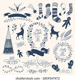 Cute Christmas Illustrations and Ornamental Vignette. Vector Set of Drawings in Scandinavian Style