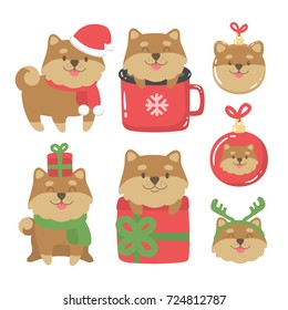 Cute christmas illustrations set with cartoon dogs. 