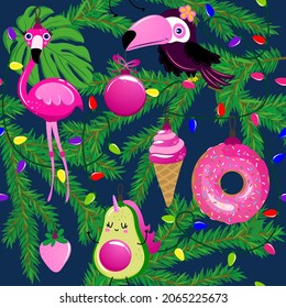 Cute Christmas In July Pattern - Adorable Flamingo, Donut, Avocado Characters. Hand Drawn Doodle Set For Kids. Good For Textiles, Nursery, Wallpaper, Clothes. Merry Christmas Gift Wrapping Paper