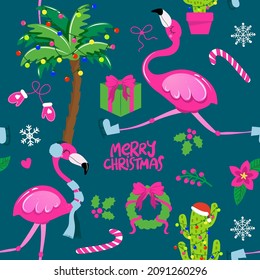 Cute christmas In July pattern - Adorable flamingo, cactus, palm tree illustration. Hand drawn doodle set for kids. Good for textiles, nursery, wallpaper, clothes. Merry Christmas gift wrapping paper