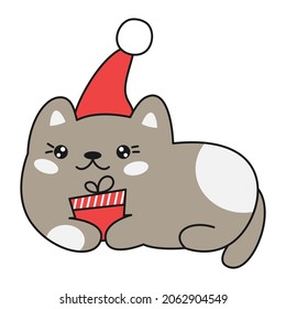 Cute christmas kawaii cat with present box. Vector illustration.