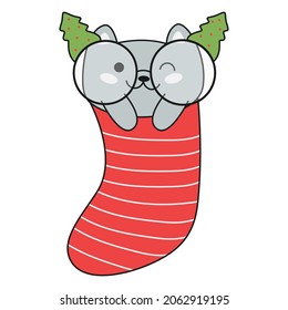 Cute christmas kawaii cat in red sock. Vector illustration.