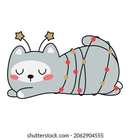 Cute christmas kawaii cat sleeping in garland. Vector illustration.