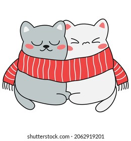 Cute christmas kawaii cats hugging each other. Vector illustration.