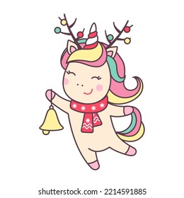 Cute Christmas kawaii character unicorn with deer horns and bell isolated on white background. Holiday design element for greeting card and print for t-shirt. Vector illustration.