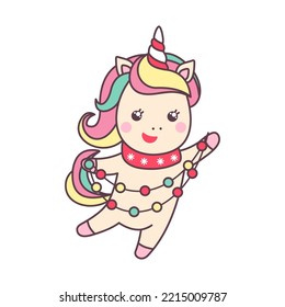Cute Christmas kawaii character unicorn with lights isolated on white background. Holiday design element for greeting card and print for t-shirt. Vector illustration.