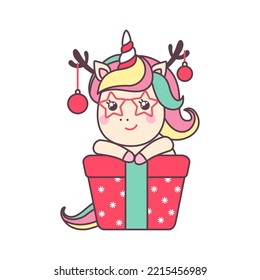 Cute Christmas kawaii character unicorn with gift and deer hors isolated on white background. Holiday design element for greeting card and print for t-shirt. Vector illustration.