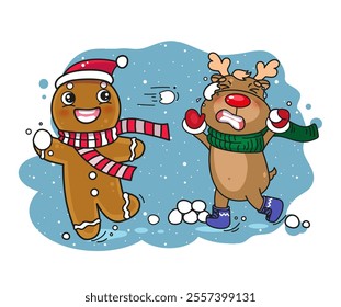 Cute Christmas kawaii illustration. Gingerbread man and reindeer play snowballs. 