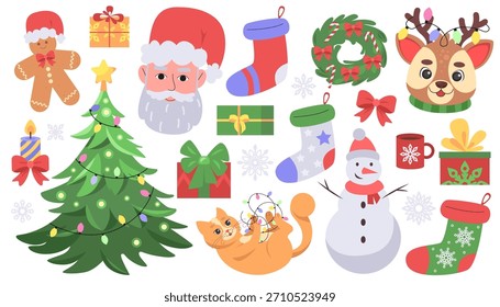 Cute Christmas kawaii vector set with tree, cat, Santa, snowman, reindeer, gifts, stockings and festive decor for holiday designs.