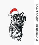 Cute Christmas kitten, fluffy cat in red hat of Santa Claus