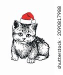 Cute Christmas kitten, fluffy cat in red hat of Santa Claus