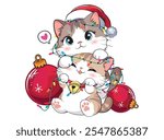 cute christmas kittens playing happily with lights, vector illustration. Design for printing on shirt, poster, banner. White text on pink background. Lovely print for t-shirt, christmas.