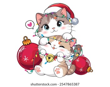 cute christmas kittens playing happily with lights, vector illustration. Design for printing on shirt, poster, banner. White text on pink background. Lovely print for t-shirt, christmas.