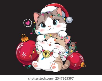 cute christmas kittens playing happily with lights, vector illustration. Design for printing on shirt, poster, banner. White text on pink background. Lovely print for t-shirt, christmas.