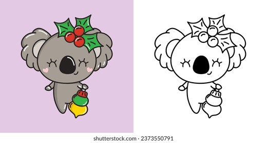 Cuta Navidad Koala lleva Ilustración Clipart y Blanco y Negro. Gracioso animal de Navidad de Clip Art. Ilustración vectorial de un Kawaii Koala para pegatinas navideñas. 