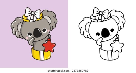 Cute Christmas Koala Bären Illustration und zum Färben Seite. Cartoon Stickers New Year Animal. Schöne Vektorgrafik von Kawaii Koala für Weihnachtsaufkleber. 