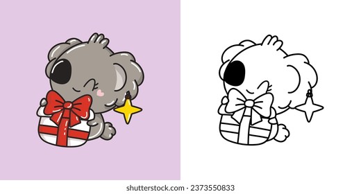 Cute Christmas Koala Bear Illustration and For Coloring Page. Cartoon Stickers New Year Animal. Beautiful Vector Illustration of Kawaii Koala for Xmas Stickers. 