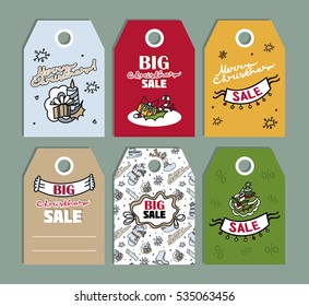 Cute Christmas labels set. Doodle. Cock, head of deer. Hand drawing frame. Christmas Sale Tags. Badge.