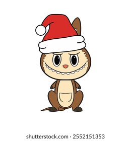 Cute Christmas Labubu Brown, Funny Animal. Sticker and Keychain Vector