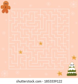 Cute christmas labyrinth game for kids, maze puzzle for childrens books, helt gingerman character find right way to christmas tree in cartoon style